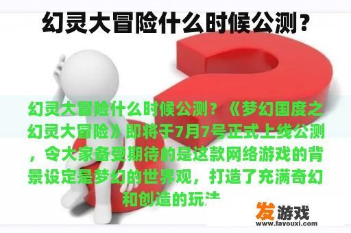 幻灵大冒险什么时候公测？