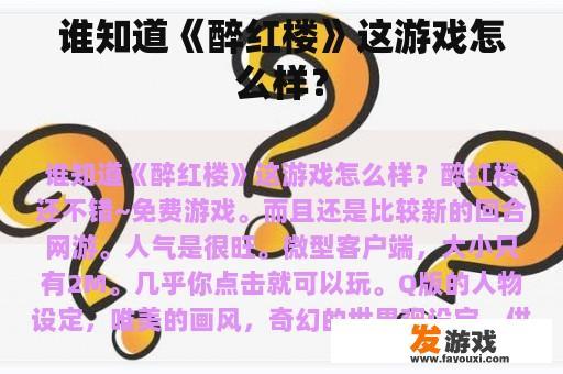 谁知道《醉红楼》这游戏怎么样？