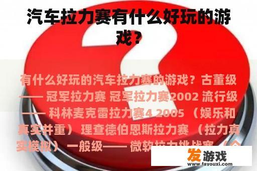 汽车拉力赛有什么好玩的游戏？