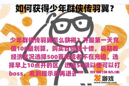 如何获得少年群侠传羽翼？