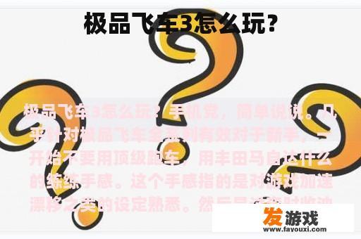 极品飞车3怎么玩？