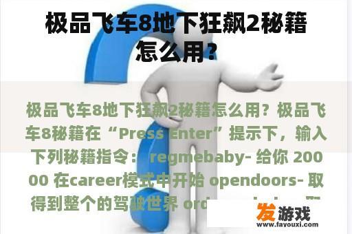 极品飞车8地下狂飙2秘籍怎么用？