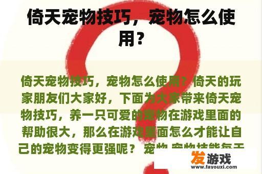 倚天宠物技巧，宠物怎么使用？