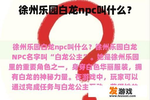 徐州乐园白龙npc叫什么？