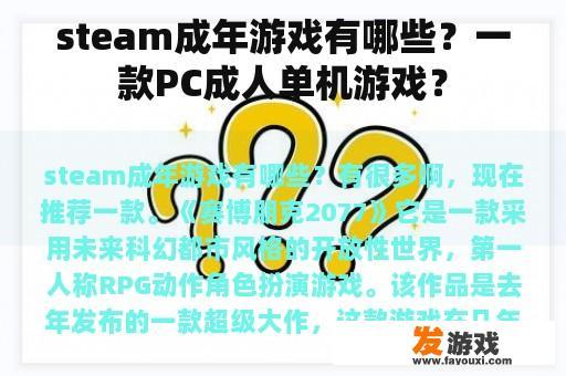 steam成年游戏有哪些？一款PC成人单机游戏？