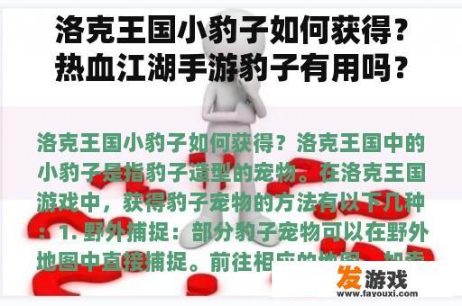 洛克王国小豹子如何获得？热血江湖手游豹子有用吗？
