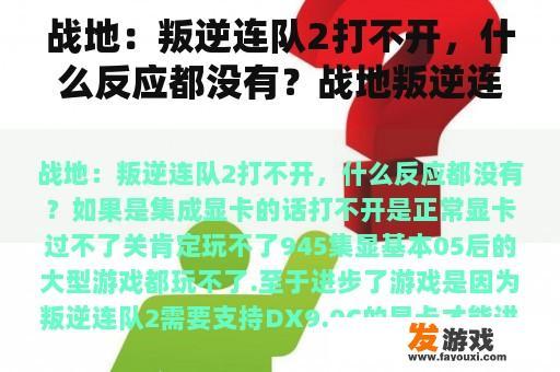 战地：叛逆连队2打不开，什么反应都没有？战地叛逆连队2不用英文就秒退？