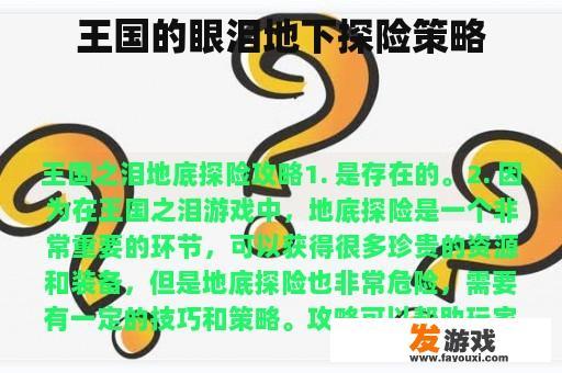 王国的眼泪地下探险策略