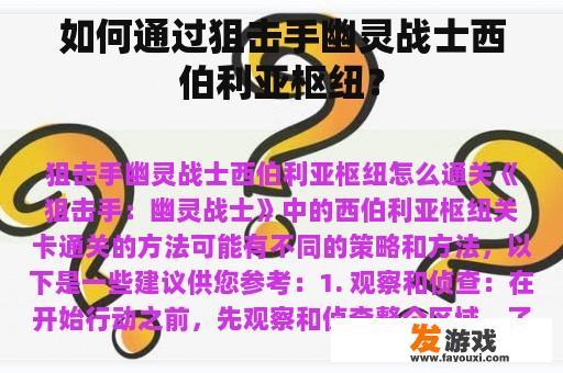 如何通过狙击手幽灵战士西伯利亚枢纽？