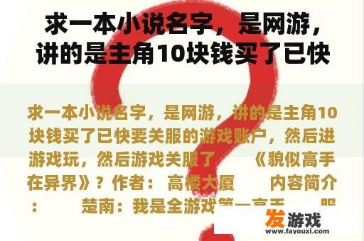 求一本小说名字，是网游，讲的是主角10块钱买了已快要关服的游戏账户，然后进游戏玩，然后游戏关服了