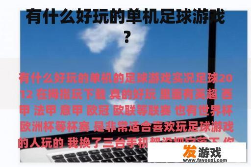 有什么好玩的单机足球游戏？