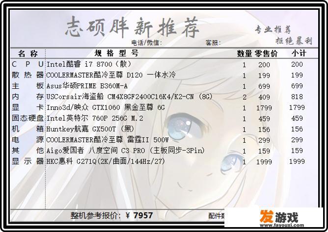 想配个7000元到8000元左右的游戏主机(加显示器)，有什么好的推荐